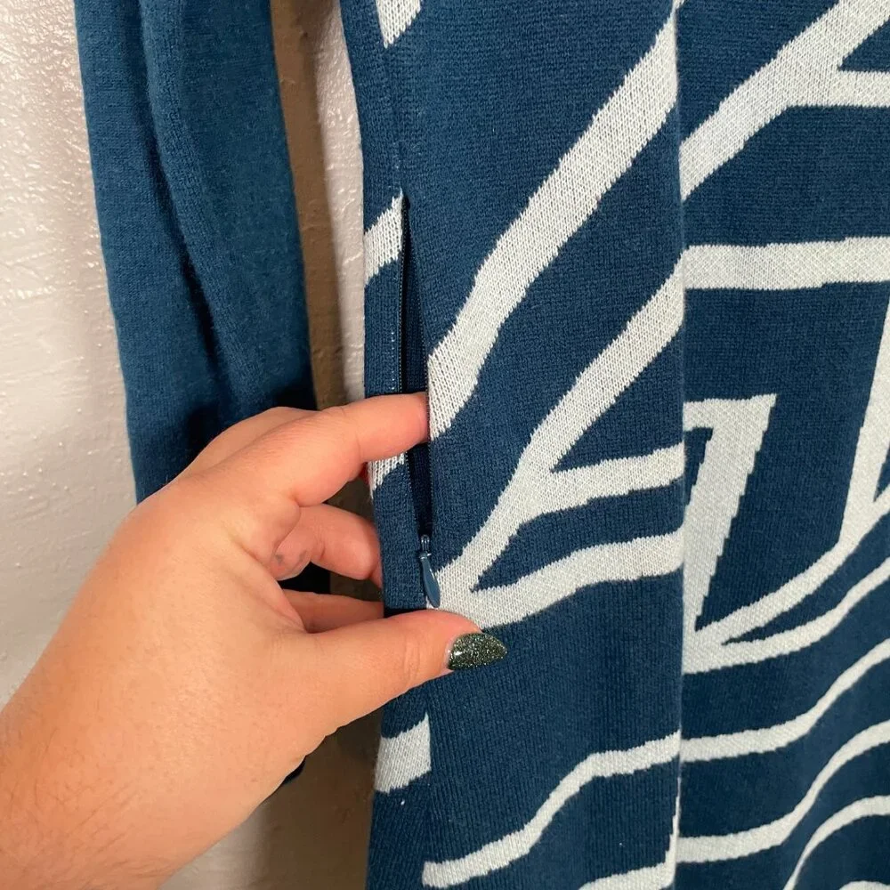 Title Nine Women S Blue Geometric Sweater Dress Cowl Neck Pockets Merino Wool
